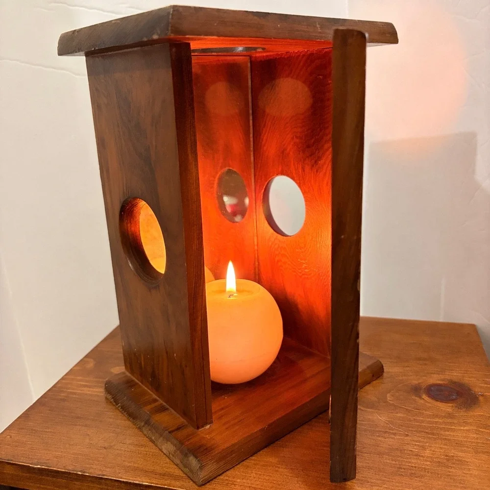 Vintage Rustic Wood Owl Lantern Candle Holder Box Mirror Interior Amber Glow